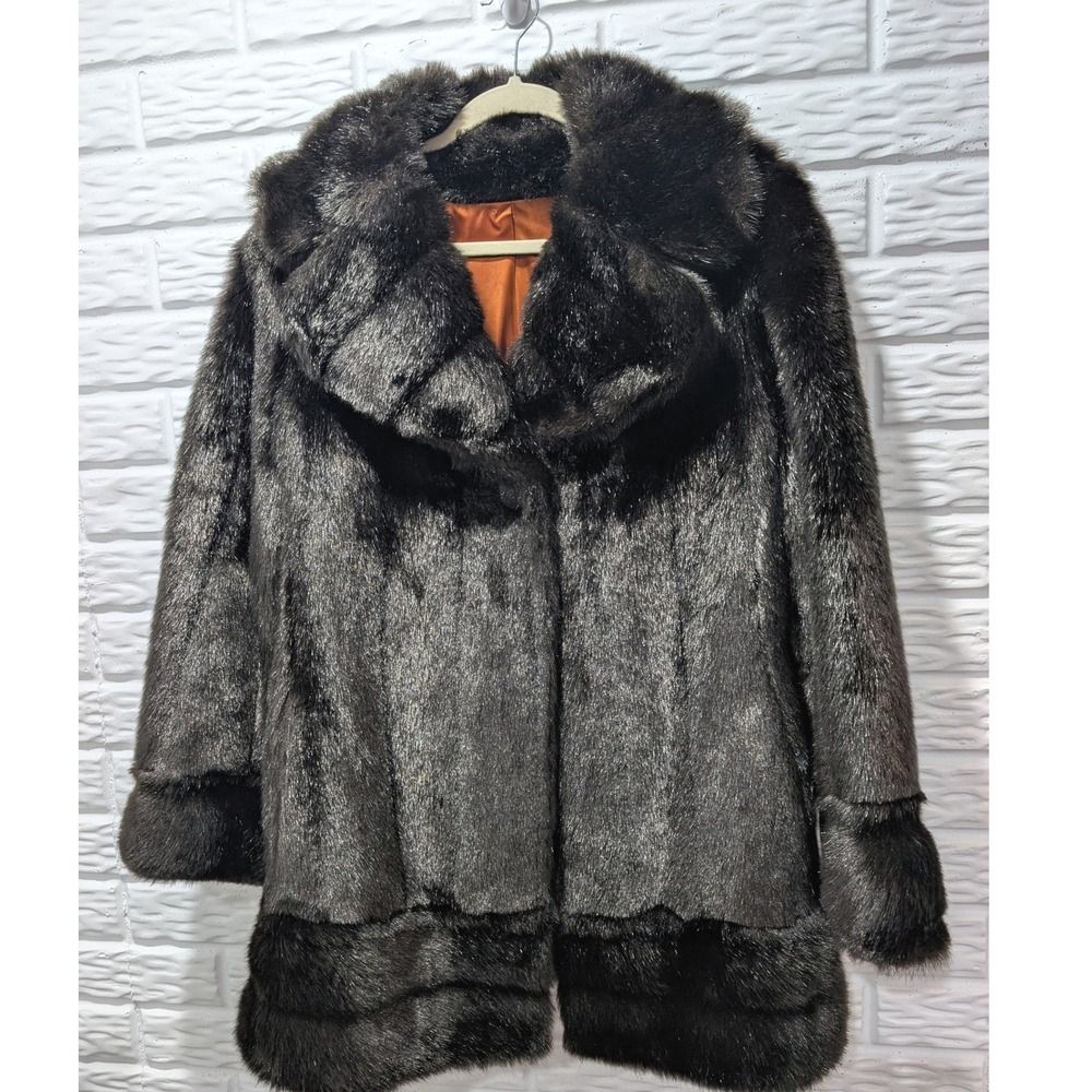 Vintage Betty Rose Faux Fur Coat Brown ILGWU Union Made Mid Century Modern M